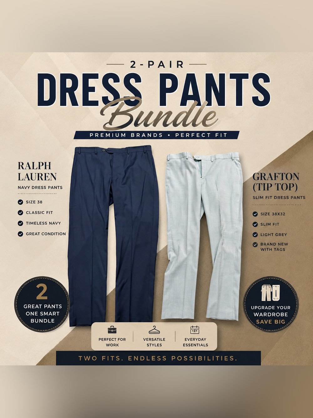 Men’s Designer Dress Pants Bundle – Size 38 (Ralph Lauren DS + Grafton NWT)